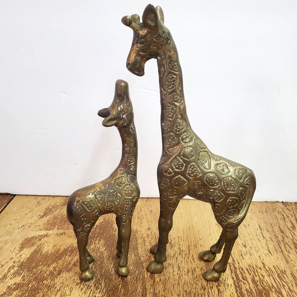 Vintage Gatco Solid Brass Heavy Pair Giraffe Mother and Baby Figurines Patina